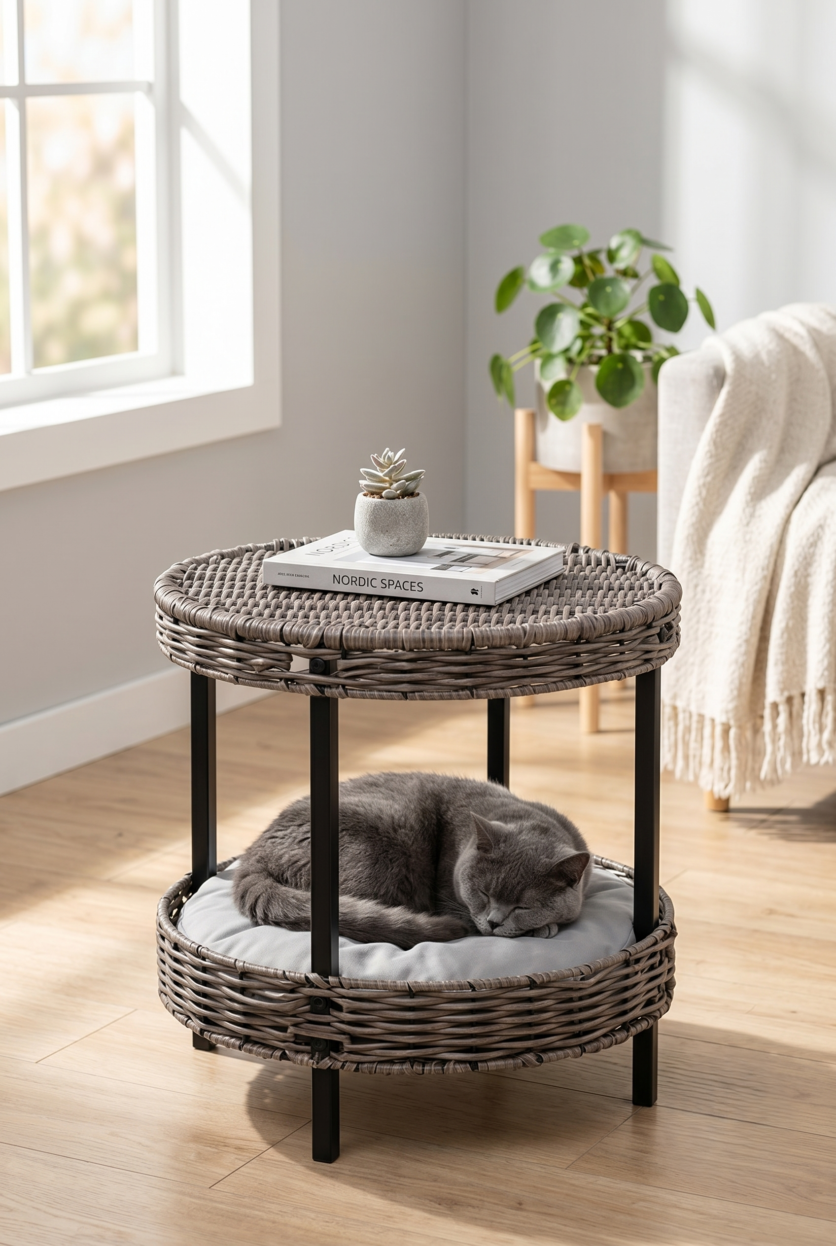 Grey wicker cat end table with sleeping cat and Nordic decor in Scandinavian living room
