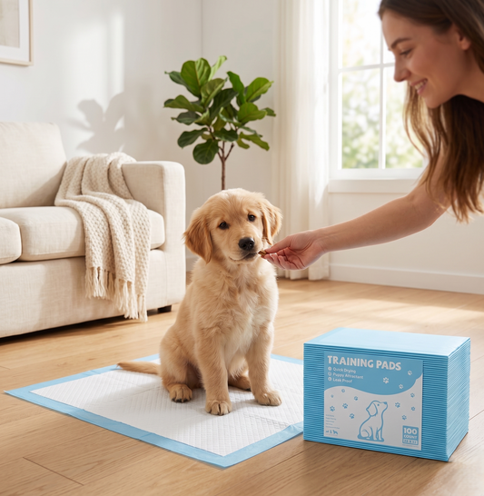 Golden retriever puppy sitting on a training pad receiving a treat — ultra-absorbent leak-proof puppy training pads 100-pack