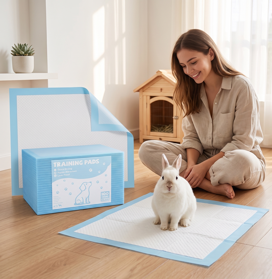 White rabbit on a training pad next to wooden hutch — disposable pet training pads for dogs cats and rabbits