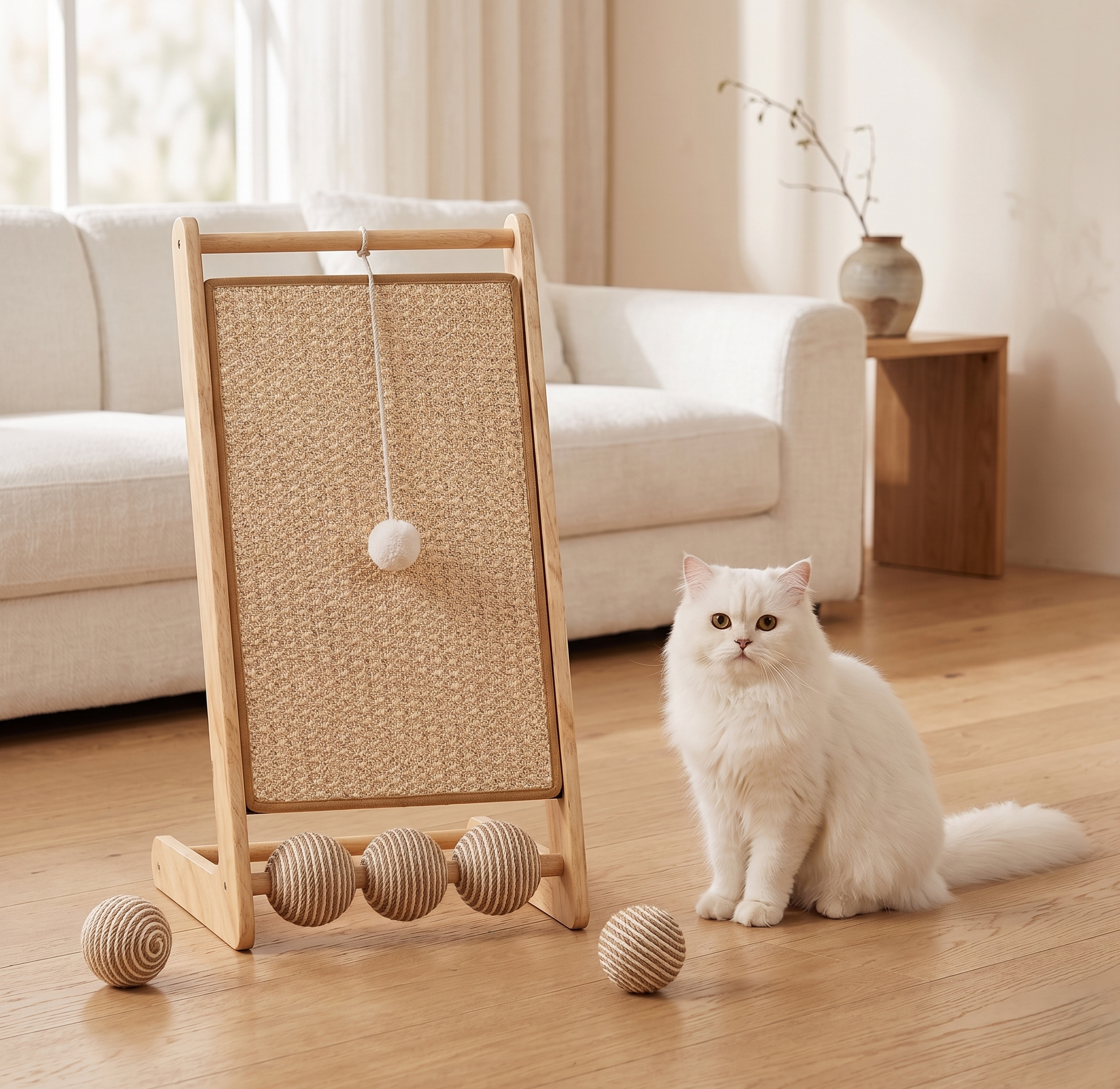GianfiStore Vertical Sisal Cat Scratcher – white Persian cat sitting next to wooden sisal scratcher in modern Japandi living room