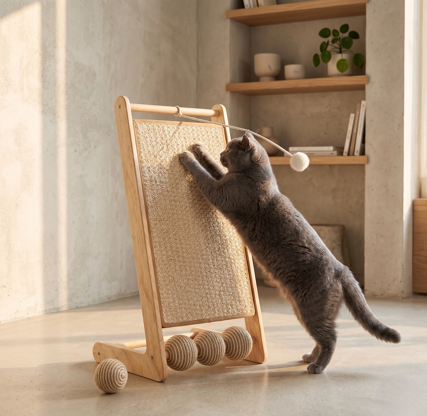 GianfiStore 3-in-1 Cat Scratcher – grey British Shorthair cat scratching natural sisal surface with hanging teaser ball