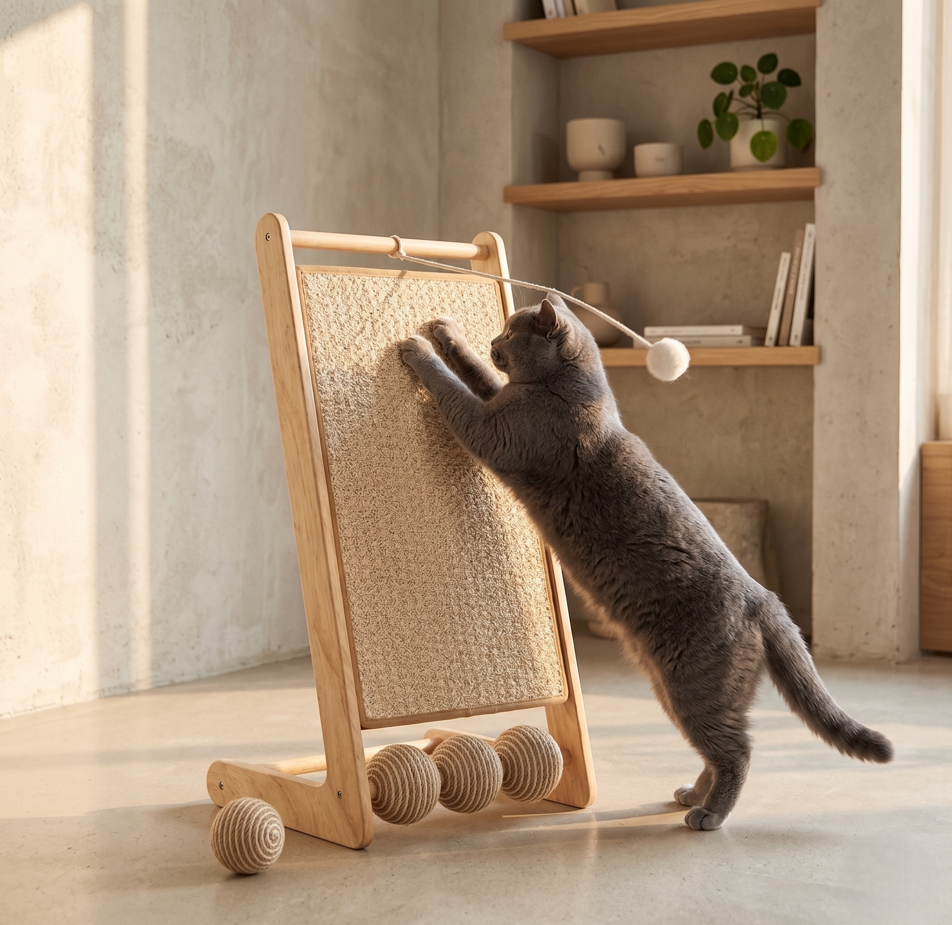 GianfiStore 3-in-1 Cat Scratcher – grey British Shorthair cat scratching natural sisal surface with hanging teaser ball
