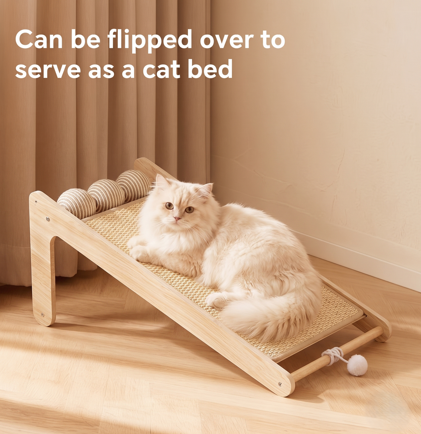 GianfiStore Sisal Cat Scratcher flipped as cat bed – fluffy white cat lying on natural sisal surface with wooden frame