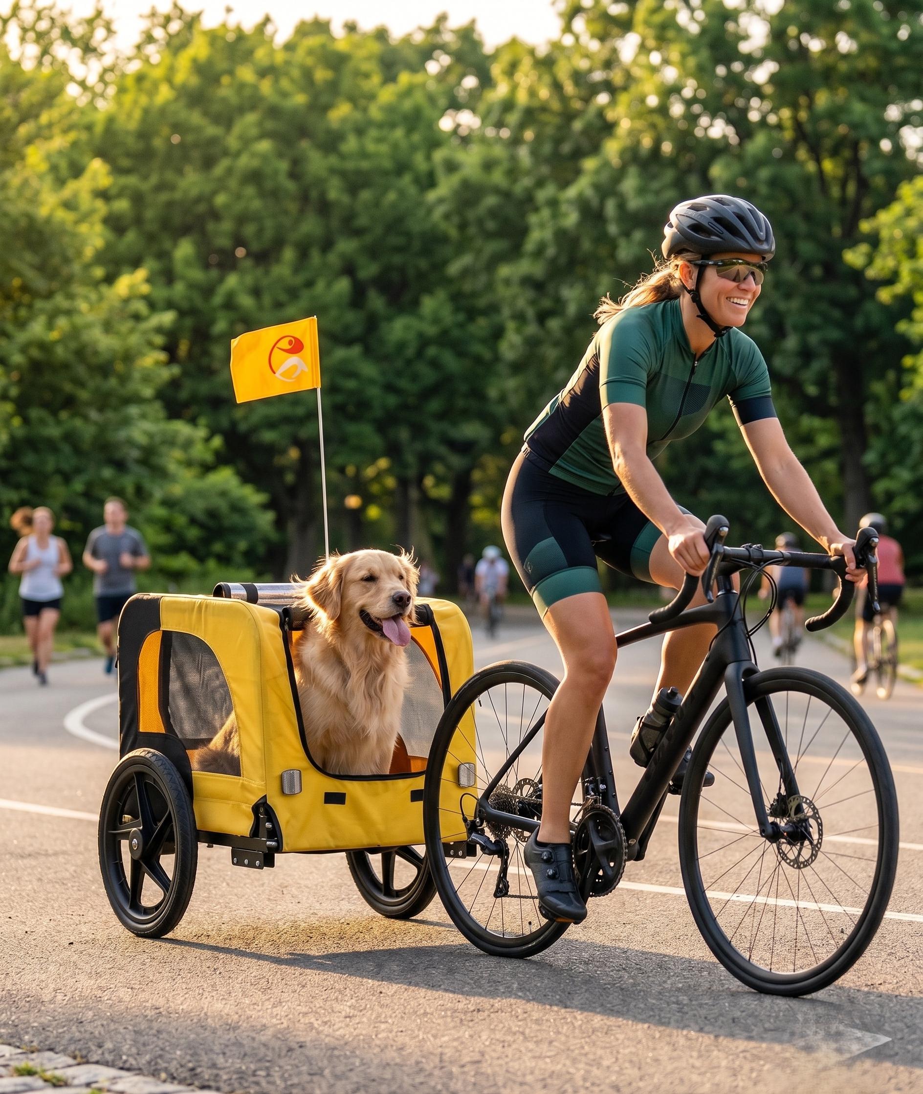 GianfiStore Dog Bike Trailer – Golden Retriever inside trailer with woman cycling in sunny city park