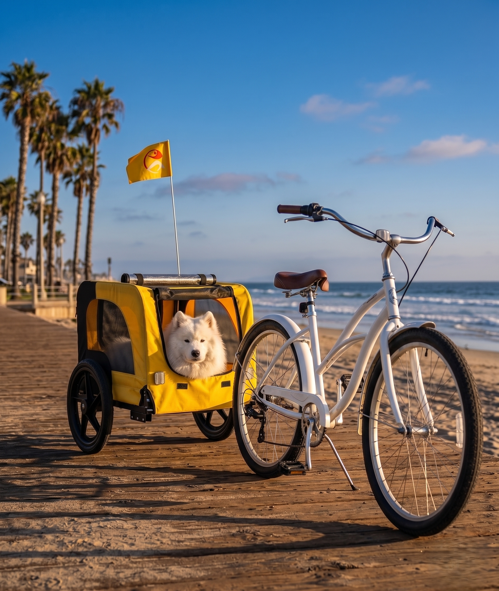 GianfiStore Foldable Dog Bike Trailer – Samoyed dog inside trailer on California beachside boardwalk with white cruiser bike