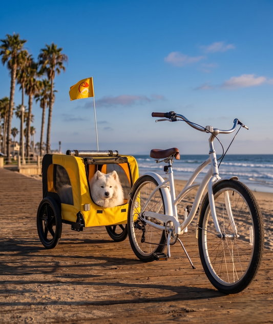GianfiStore Foldable Dog Bike Trailer – Samoyed dog inside trailer on California beachside boardwalk with white cruiser bike