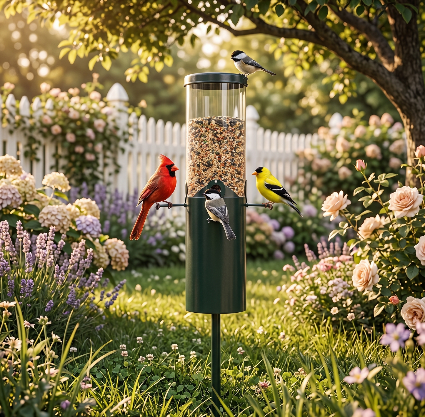 Cardinals, goldfinches and chickadees feeding on premium standing bird feeder in a lush garden with white picket fence