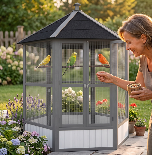 Woman smiling and feeding colorful birds inside a 69-inch hexagonal wooden outdoor aviary with light gray finish and black roof, surrounded by lavender and hydrangeas in a sunny garden